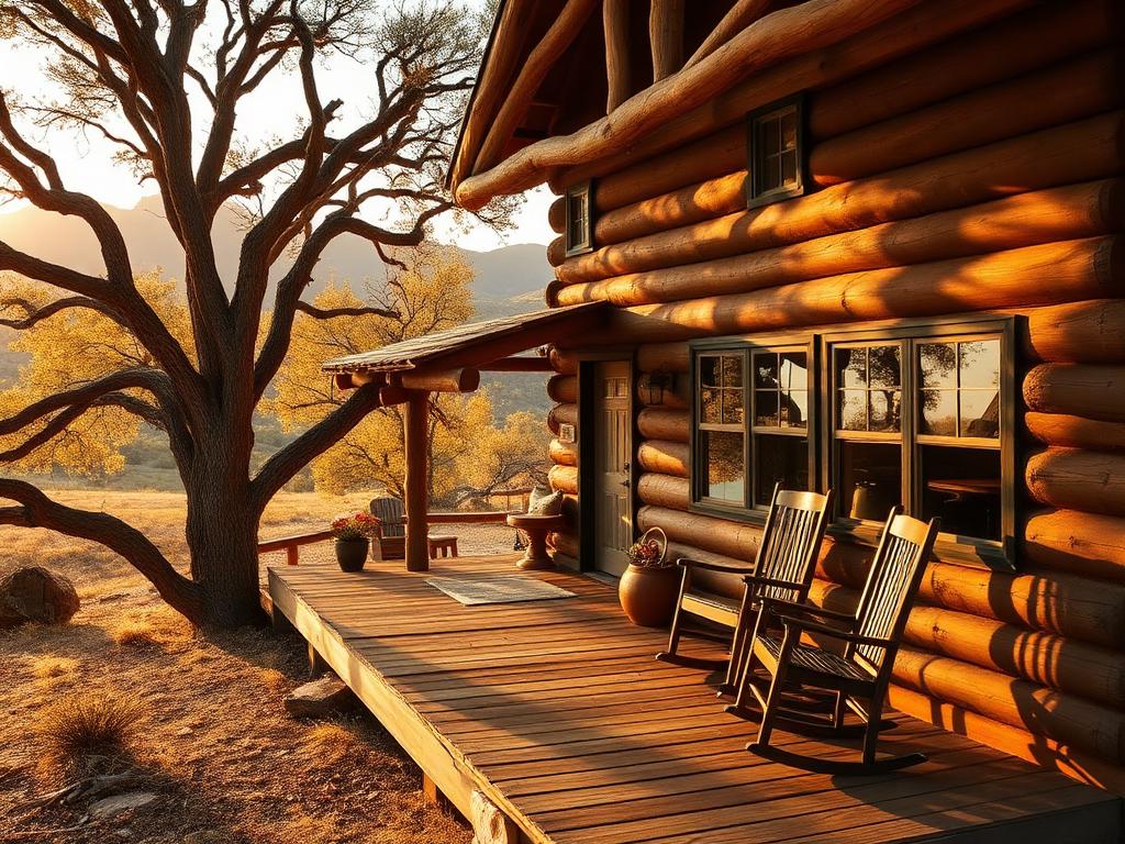 Cozy log cabin porch with rocking chairs overlooking rolling hills at Hideout Mountain