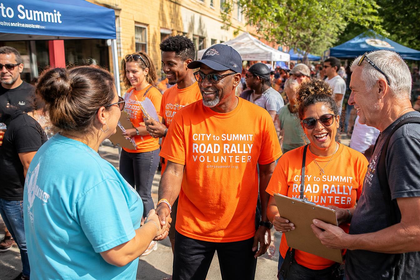 Diverse community volunteers, educators and leaders connecting at a City to Summit event