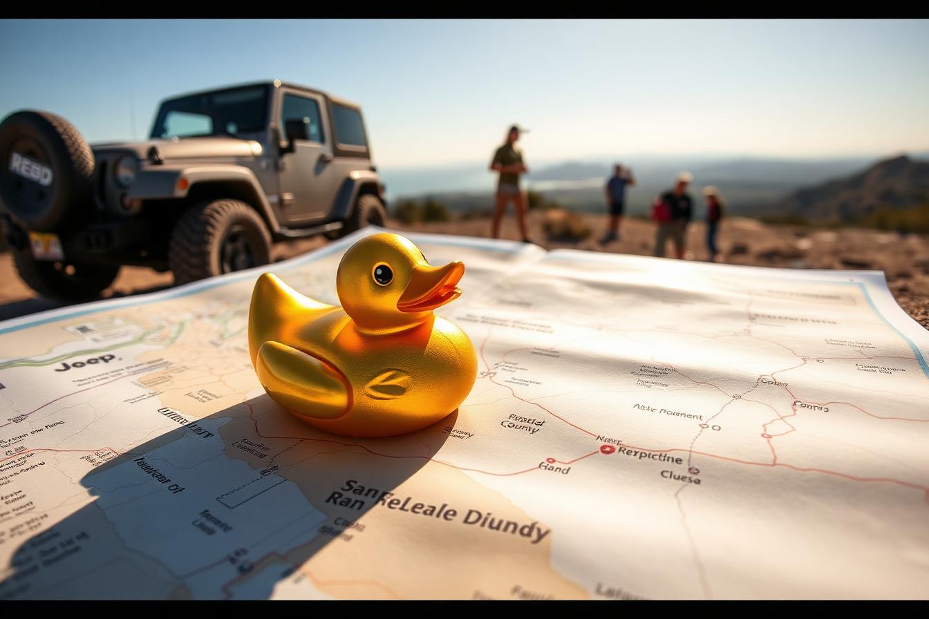 A golden rubber duck on a San Diego County treasure map with a Jeep and rally participants in the background