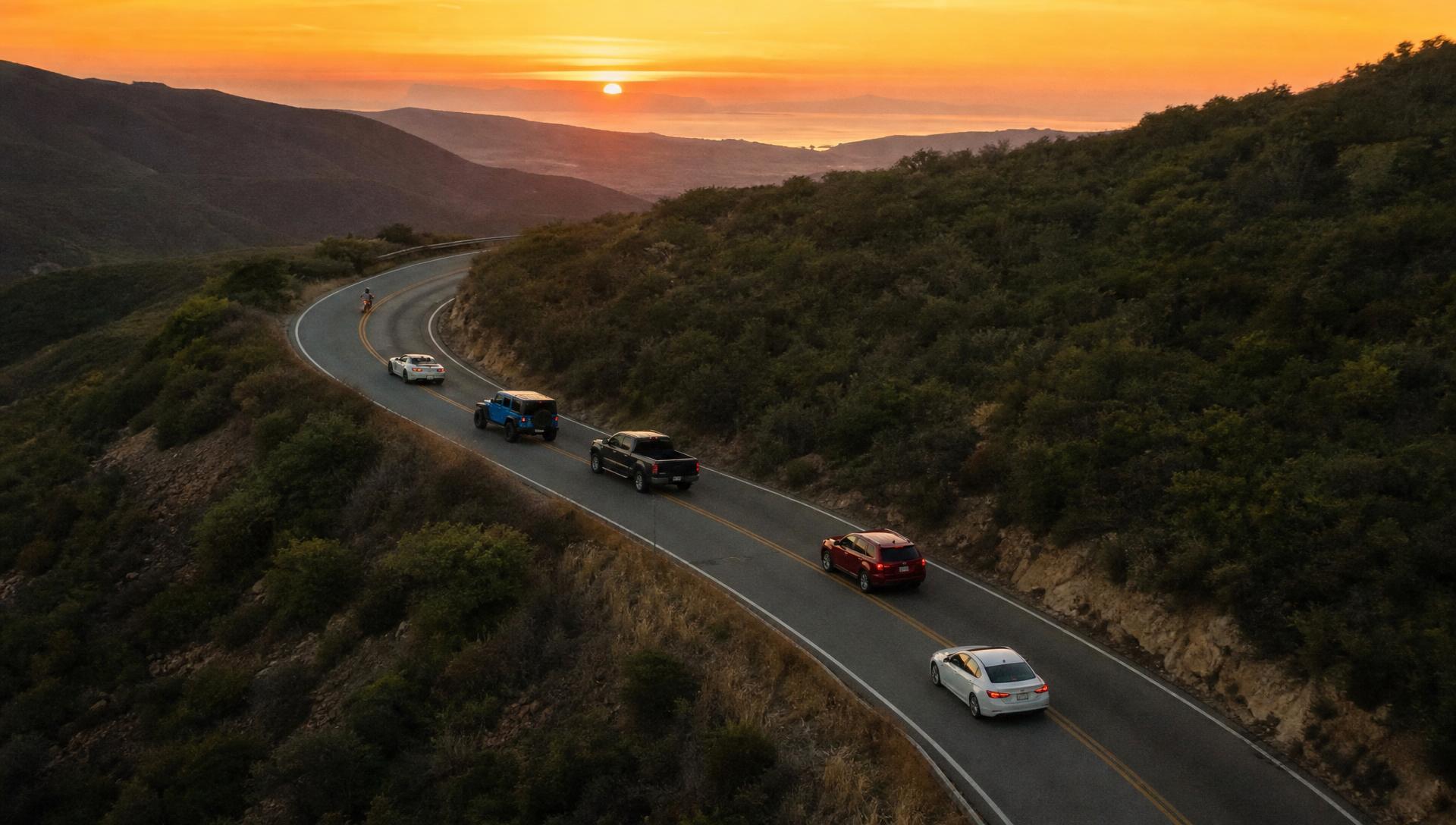 Aerial view of a mixed rally convoy with cars, SUVs, trucks and motorcycles on a mountain road at sunset