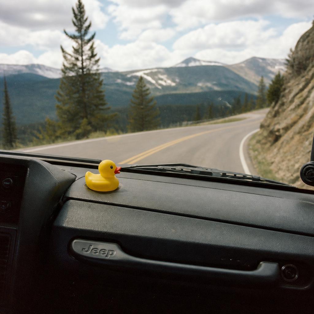 Small yellow rubber duck on a vehicle dashboard with a winding mountain road behind