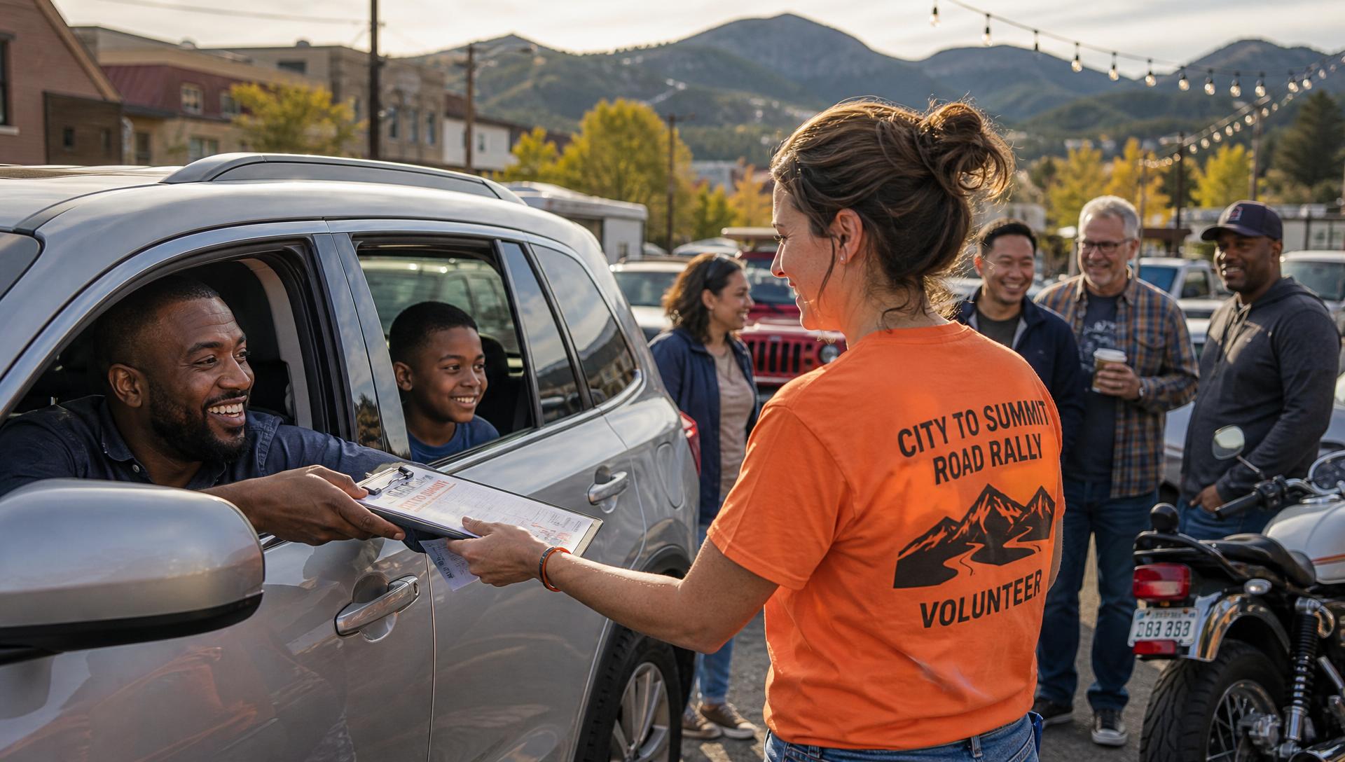 Diverse rally participants laughing together around a mix of cars, SUVs and motorcycles at a checkpoint