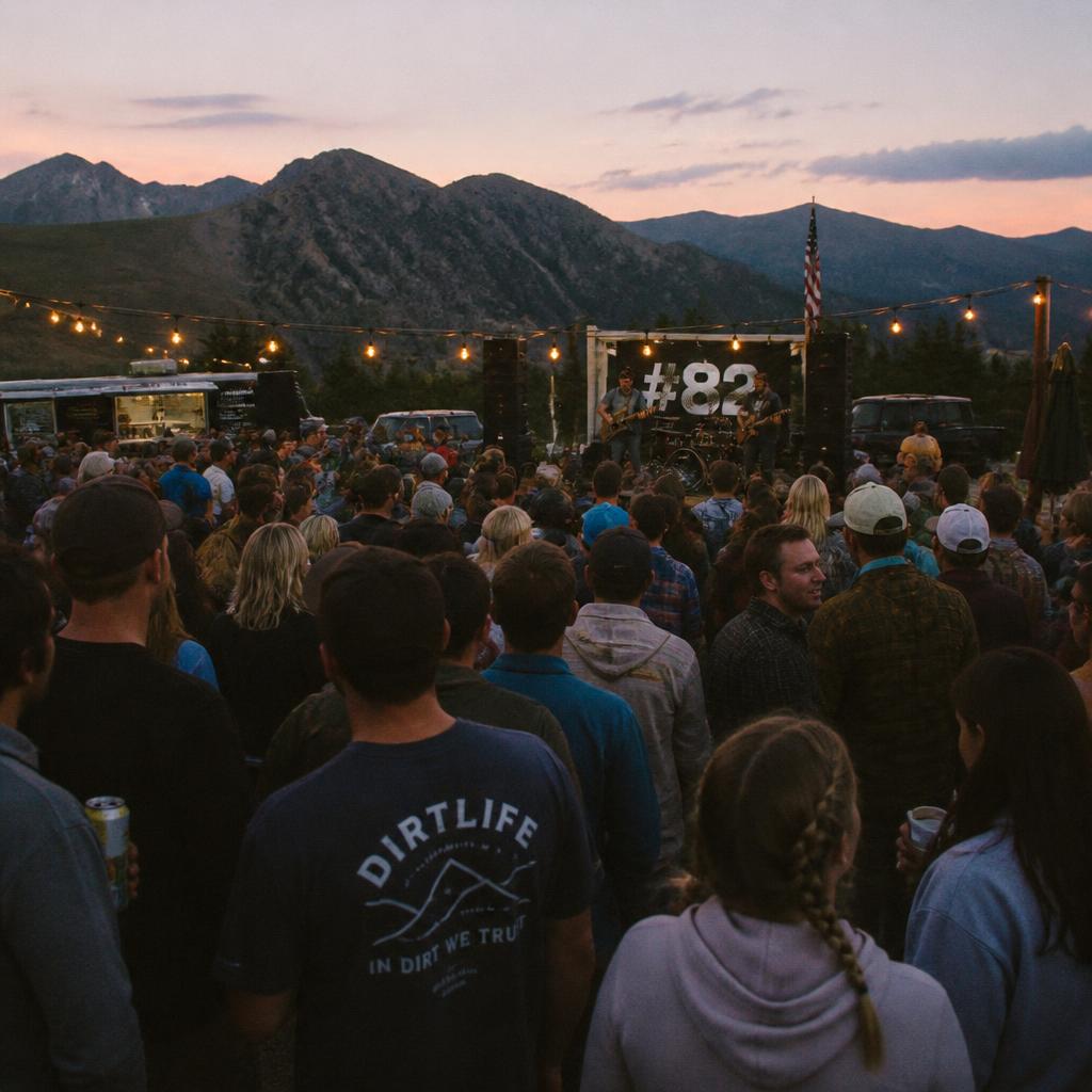 Summit party with one food truck, string lights and live music at dusk