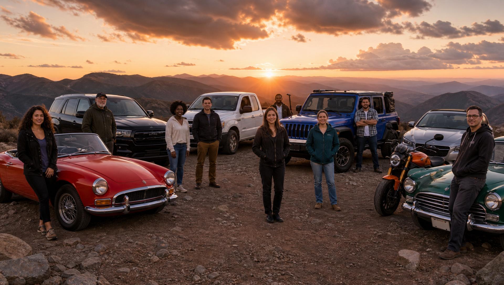Line-up of diverse street-legal vehicles — cars, SUVs, trucks, motorcycles, Jeeps and a classic — on a scenic mountain road at golden hour