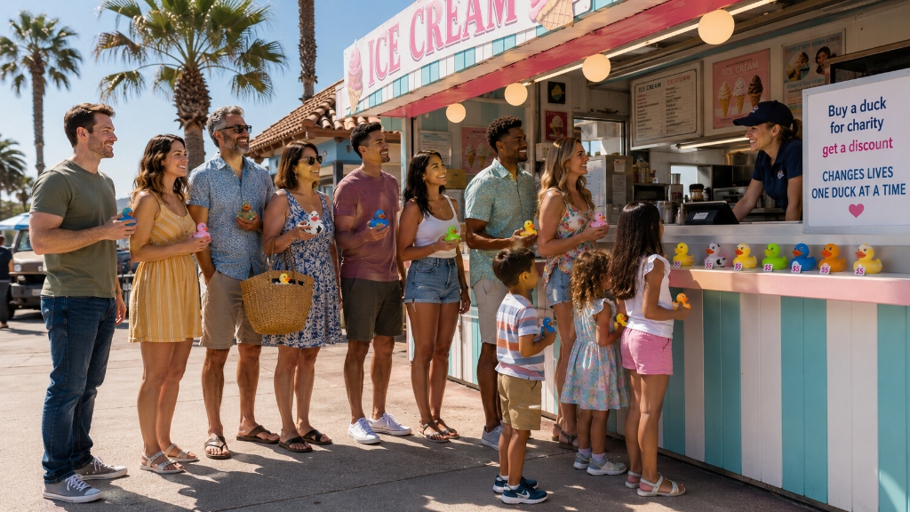 Families buying rubber ducks for charity at a sunny ice cream shop