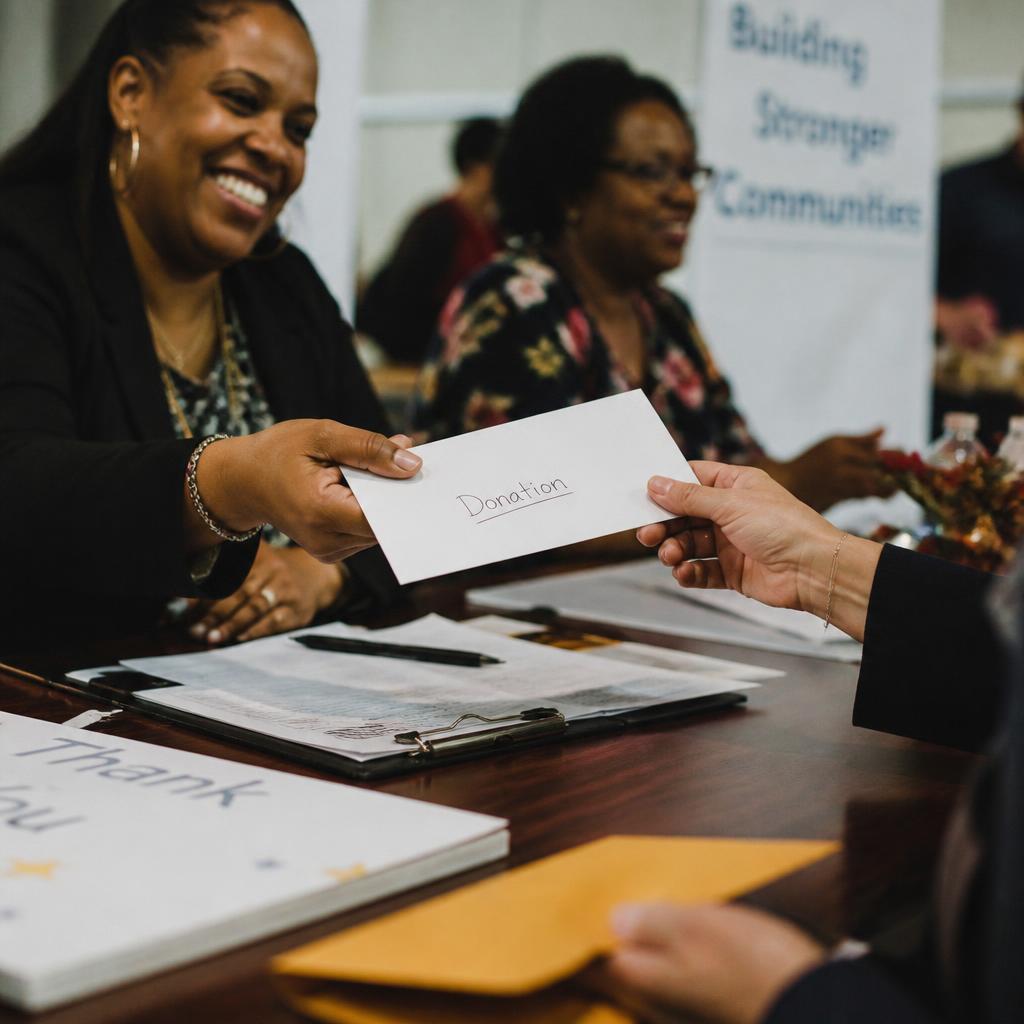 Diverse people exchanging donation envelopes and boxes of supplies at a community charity event