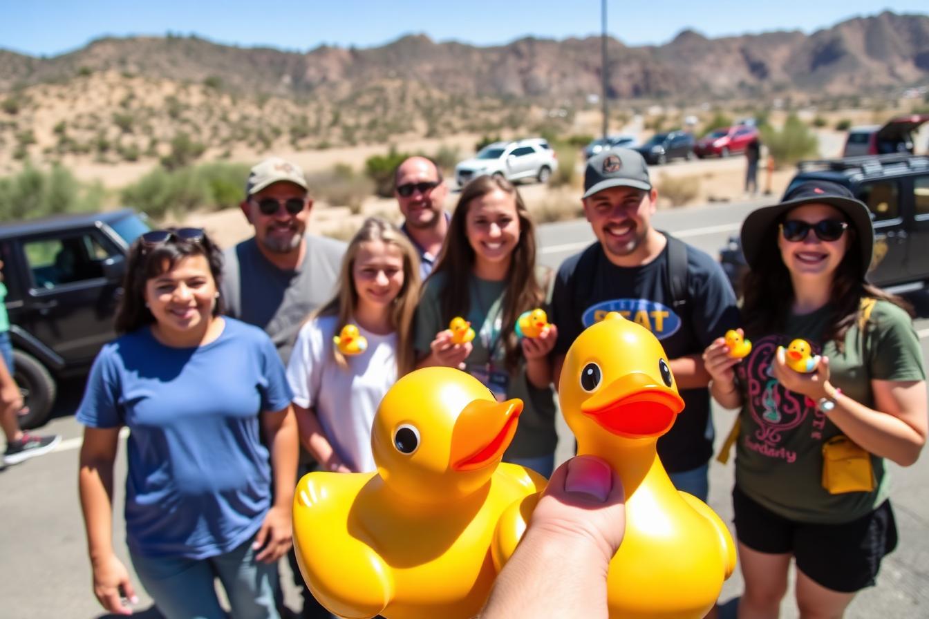 Diverse rally participants smiling and holding rubber ducks at a scenic checkpoint