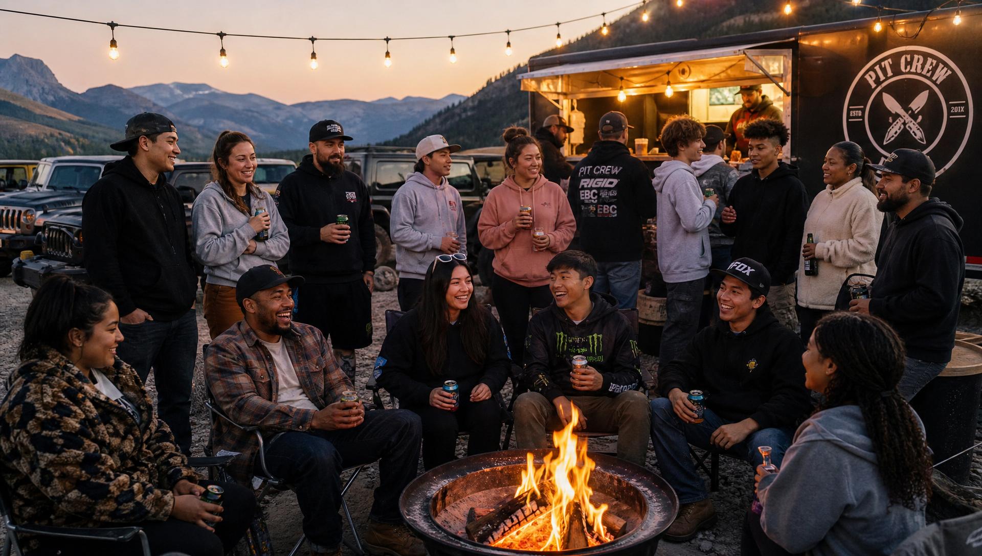 Diverse crowd dancing at an outdoor mountain lodge party at sunset