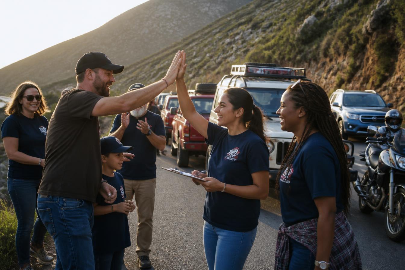Diverse rally participants high-fiving at a mountain checkpoint with a line of vehicles in the background