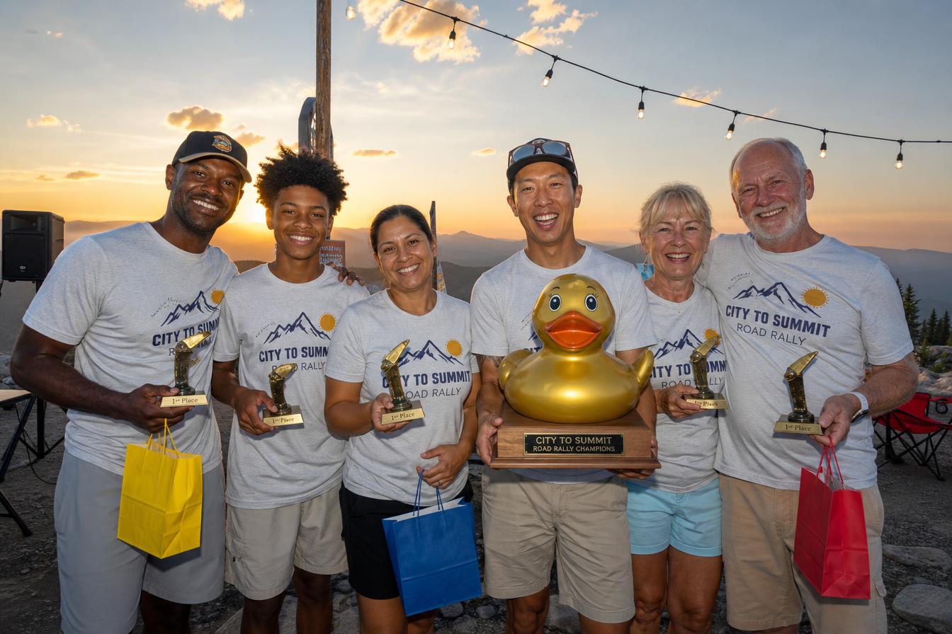 Diverse rally winners holding trophies and a giant golden duck at sunset