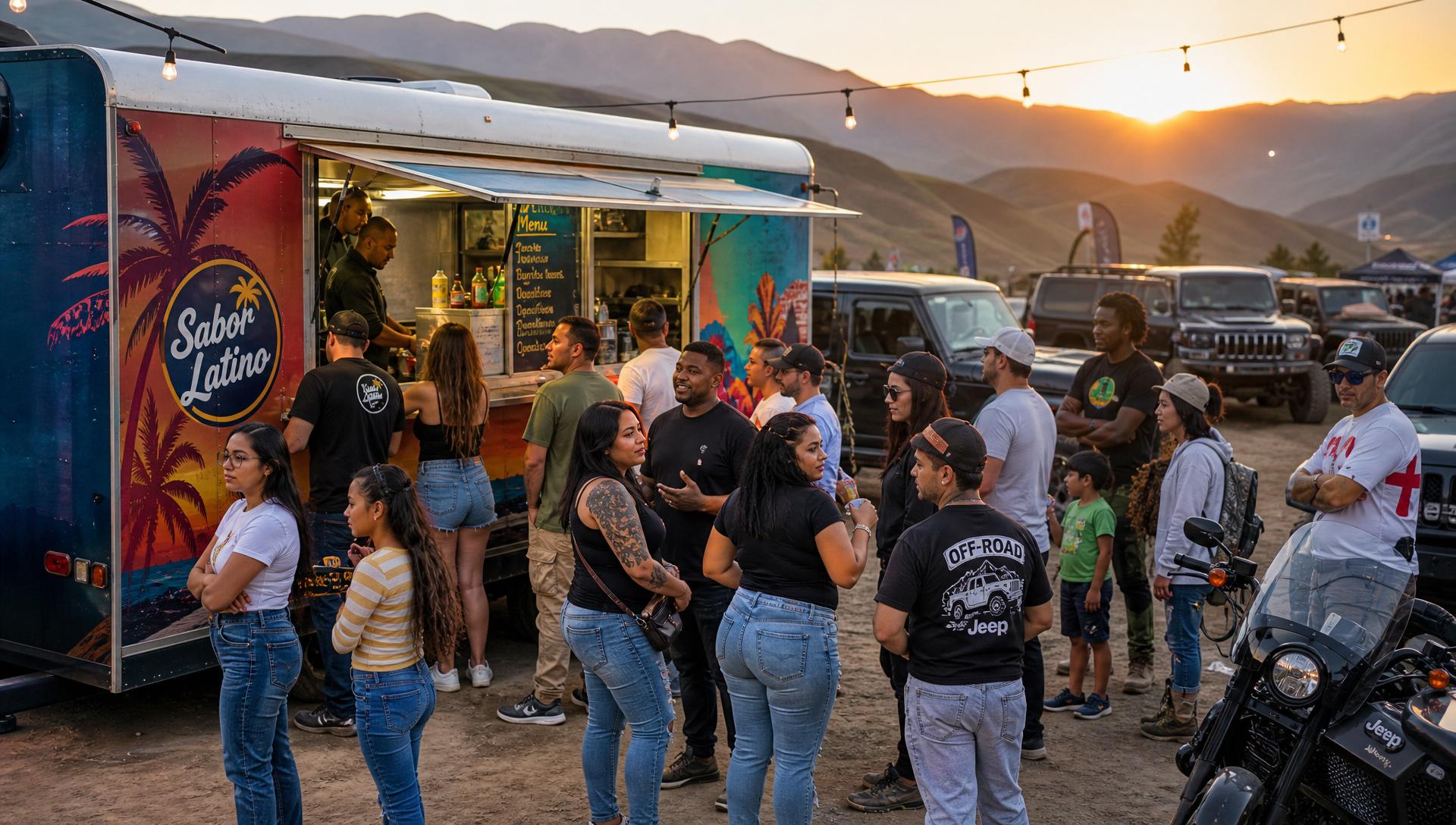 A single colorful food truck serving about 15 diverse rally-goers at sunset under string lights
