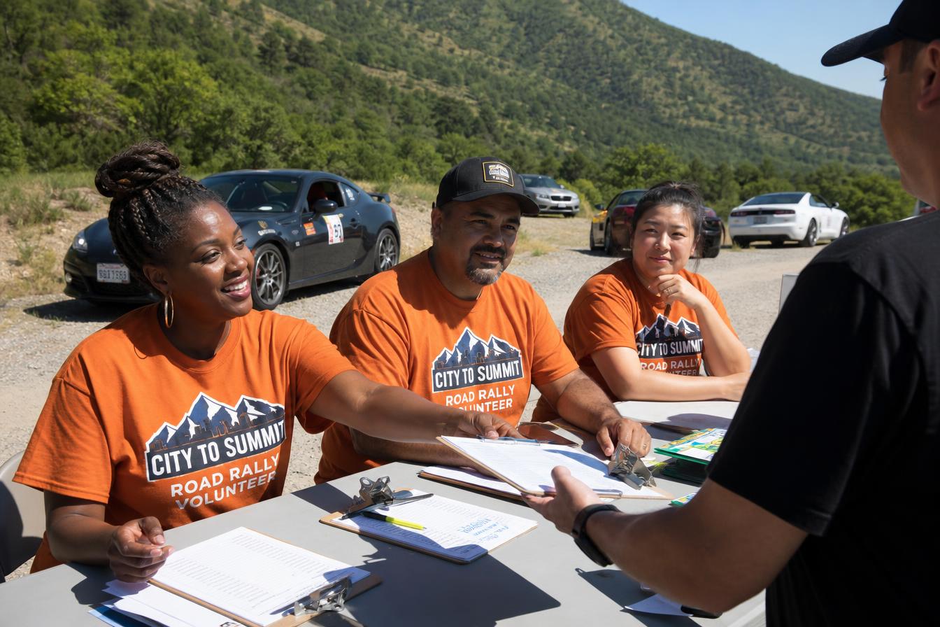 Diverse volunteers wearing City to Summit Road Rally Volunteer shirts at a rally check-in table