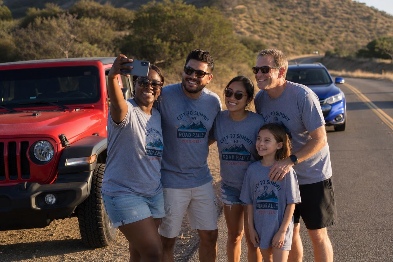 Diverse rally team taking a selfie at a scenic checkpoint