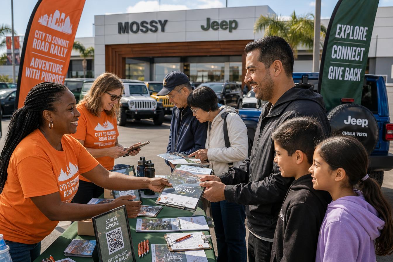 Volunteers in City to Summit Road Rally shirts help a family sign up at Mossy Jeep Chula Vista.
